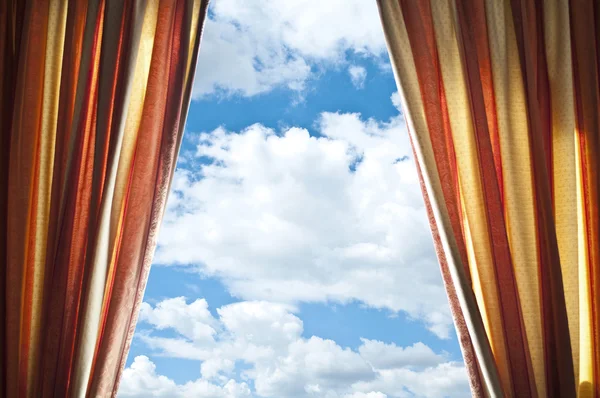 stock image Window curtains with view of clouds and sky