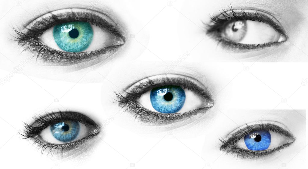 Collection of blue woman eyes isolated on white