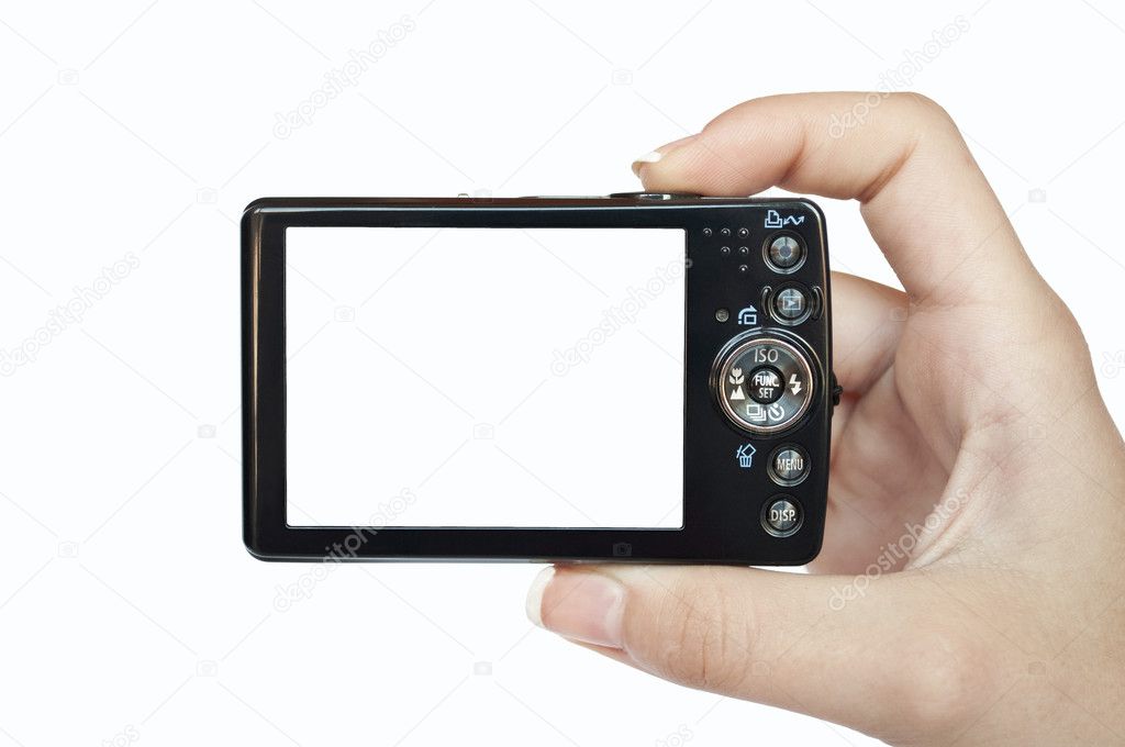 Hand holding digital camera rear view - Empty space for your pic