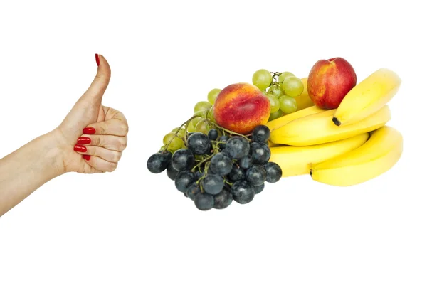 Hand holding thumb up against fruit - Fruit is healthy concept — Stock Photo, Image