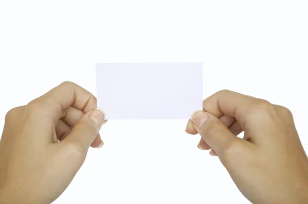 Biglietto da visita in bianco in mani isolate su sfondo bianco — Foto Stock