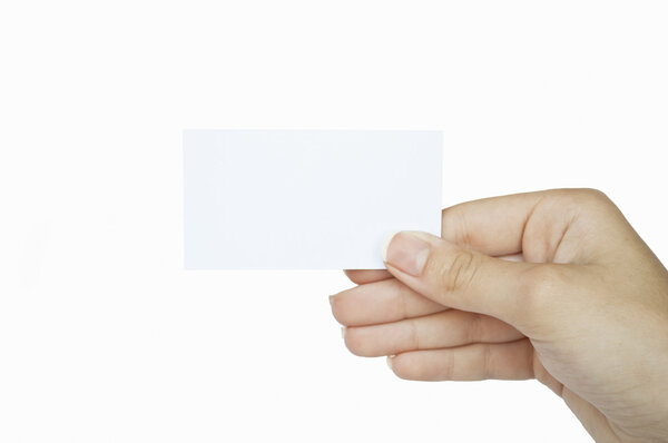 Hand and a card isolated on white background