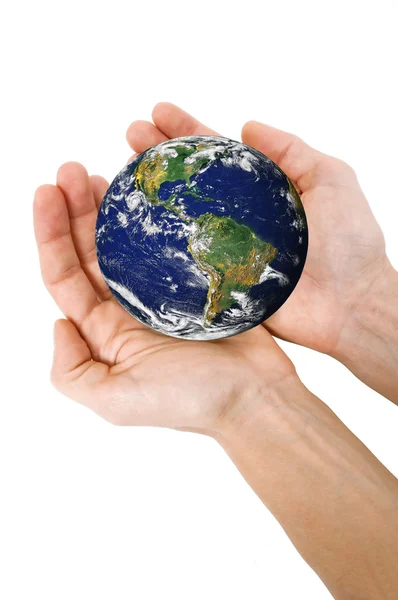 Human hands holding planet Earth — Stock Photo, Image