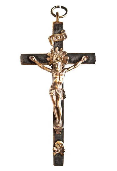 Cruz com Jesus Cristo crucificado isolado no branco — Fotografia de Stock