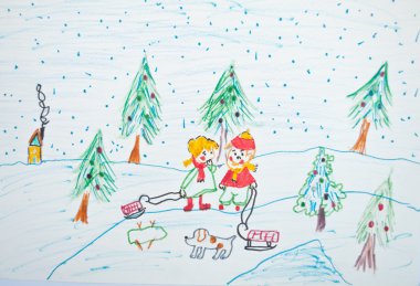 Child's painting of Christmas scene clipart