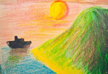 Child's hand drawing of sea and mountain landscape with crayons clipart