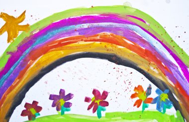 Kid's drawing with flowers and colorful rainbow clipart