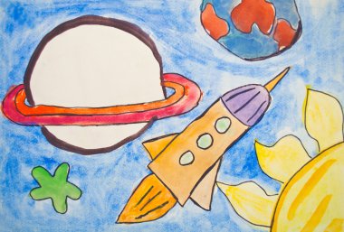 Kid's painting of universe with planets and stars clipart