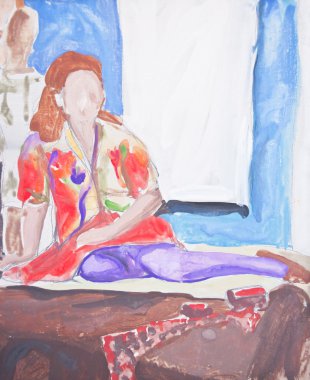 Original painting of woman sitting on bed clipart