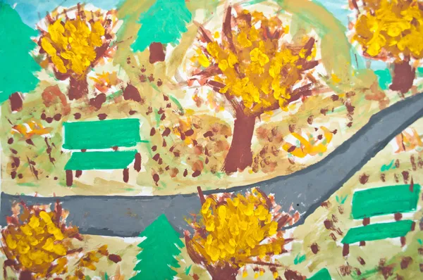 Abstract painting of kid - Autumn landscape — Stock Photo, Image
