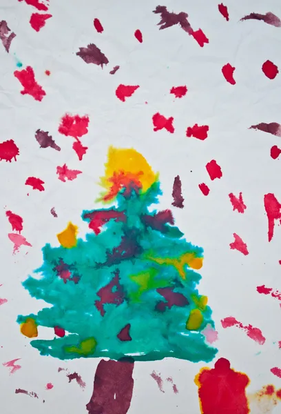 Abstract kid's painting of Christmas tree with gifts — Stock Photo, Image