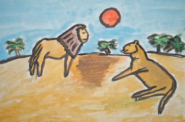 Pintura em aquarela infantil de leões em savana — Fotografia de Stock
