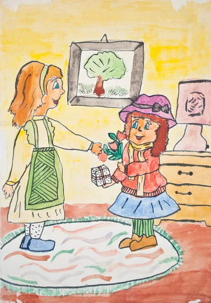 El dibujo infantil de la mamá que da el regalo a la hija —  Fotos de Stock