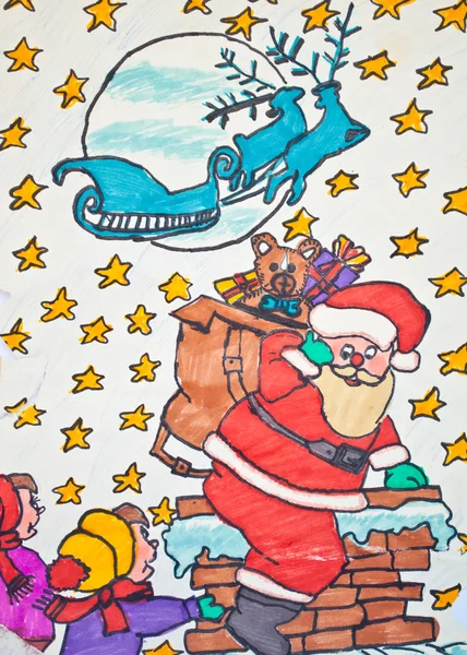 Child's drawing of Santa Claus holding gift bag with children — Stock Photo, Image