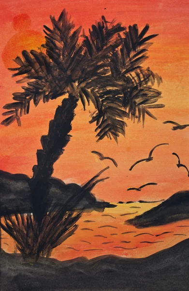 Tropikalna wyspa z warkocz palmowy o zachodzie słońca - malarstwo — Zdjęcie stockowe