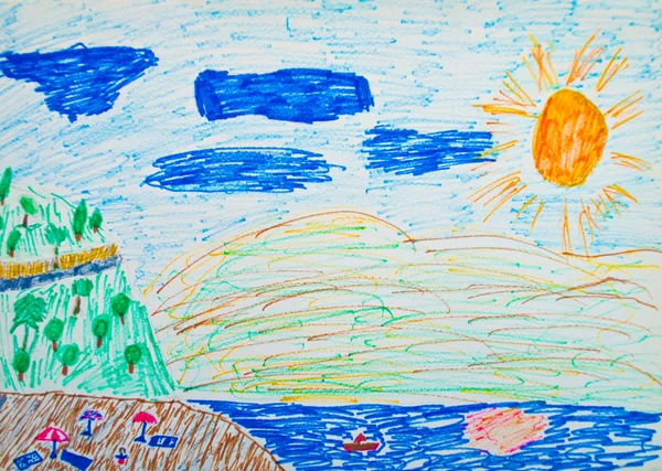 La pintura infantil del paisaje de vacaciones - Mar, cielo y playa —  Fotos de Stock