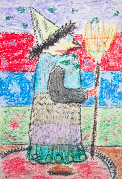 Kid's drawing of witch with broom — Stock Photo, Image
