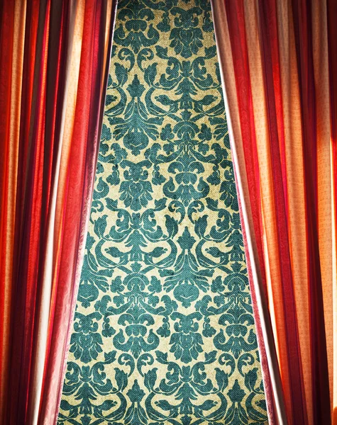 Red curtain with damask wall — Stock Photo, Image