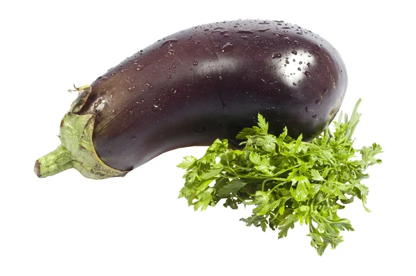 Aubergine vegetable decorated with parsley isolated on white — Stock Photo, Image