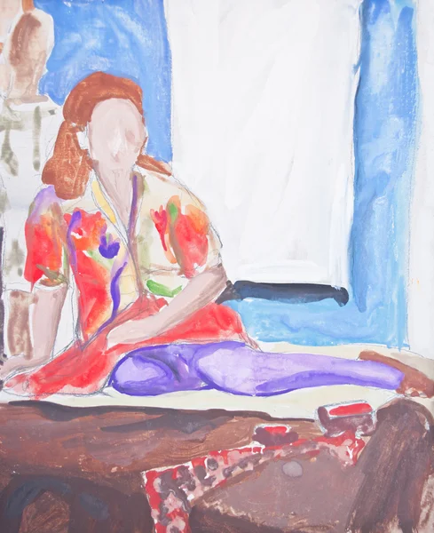Eredeti festés nő ül az ágyon — Stock Fotó