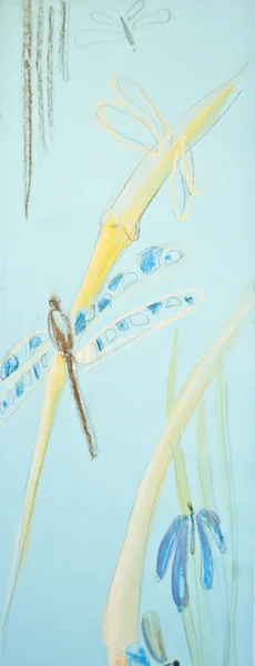 Pintura abstrata de mosca do dragão no fundo floral — Fotografia de Stock
