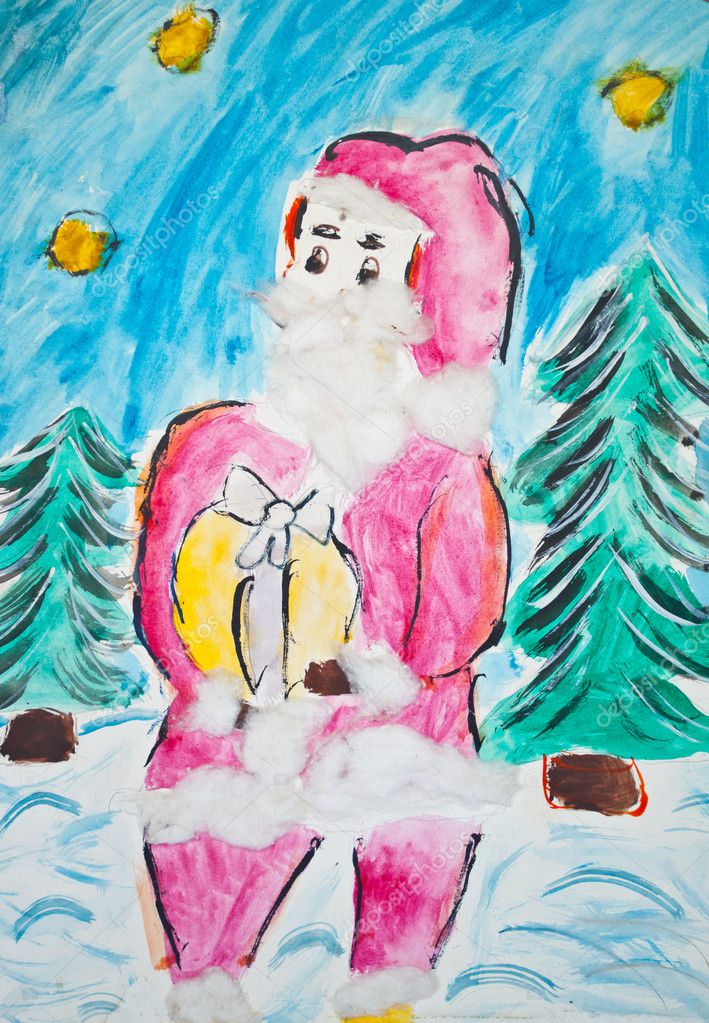 Childs Drawing Of Santa Claus With Watercolors Stock