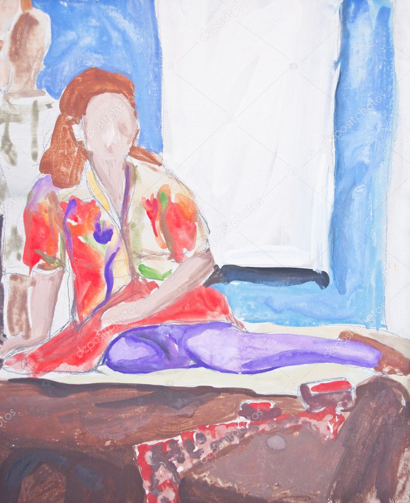 Original painting of woman sitting on bed