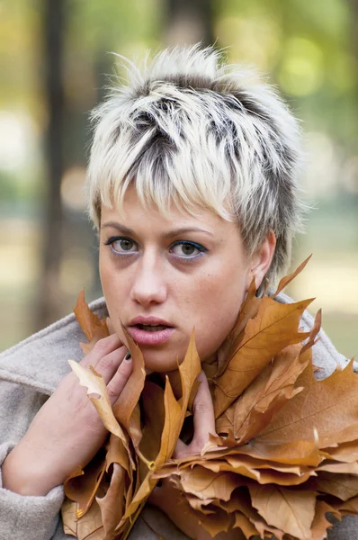 Retrato de mujer atractiva sosteniendo hojas otoñales — Foto de Stock