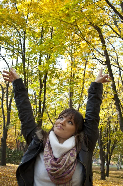 Porträt einer glücklichen Frau im Herbstwald — Stockfoto