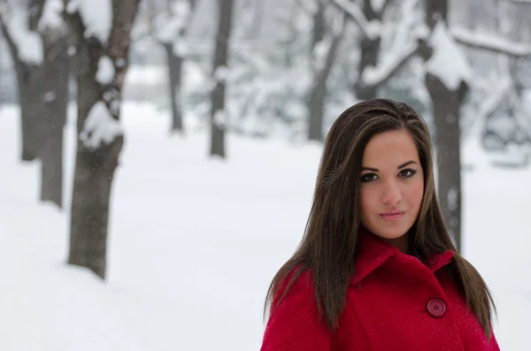 Woman in red coat portrait — Stock Photo, Image