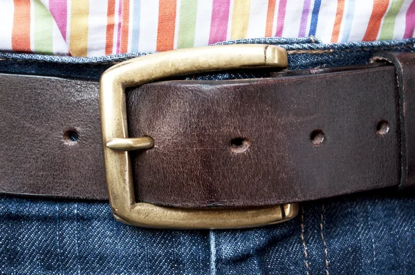 Jeans leather belt and shirt detail — Stock Photo, Image