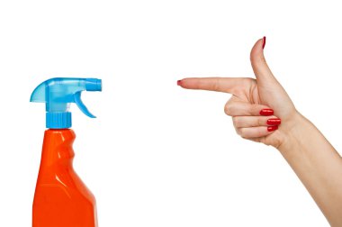 Female hand pointing to spray- cleaning concept clipart