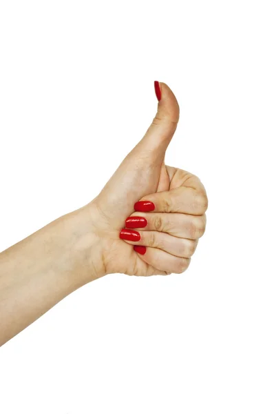 Mão isolada em branco mostrando gesto polegar para cima — Fotografia de Stock