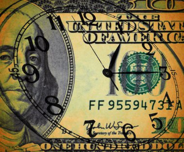 Grunge image of money and clock - Time is money concept clipart