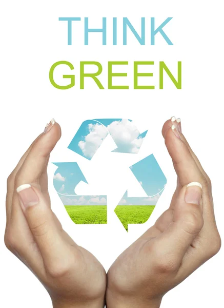 Kezében újra feldolgoz eco jel - Think Green koncepció — Stock Fotó