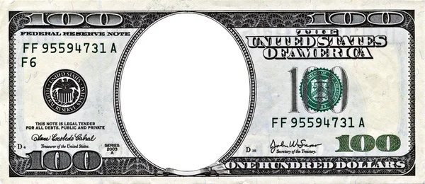One hundred dollars bill with a hole in center with clipping pat — Stock Photo, Image
