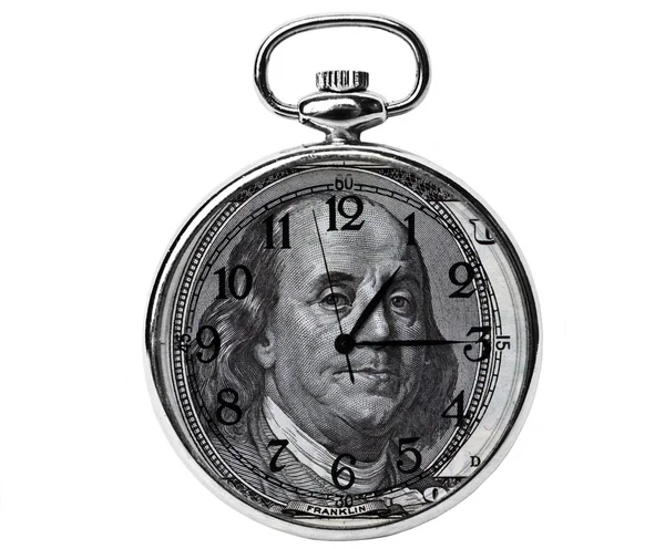 Il tempo è concetto di denaro - 100 dollari di banconota Benjamin Franklin portra — Foto Stock