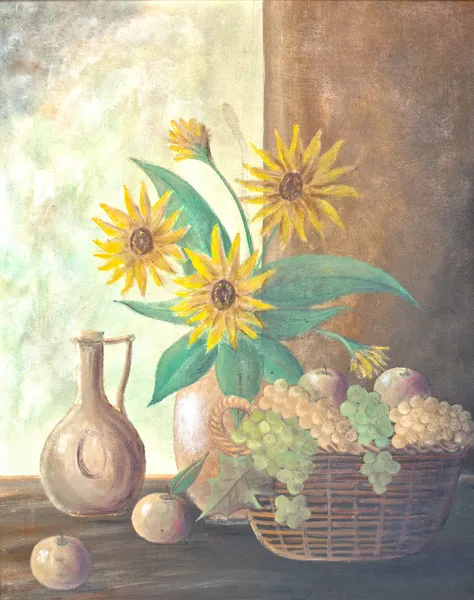 Pintura ainda vida de girassol em vaso com cesta cheia de aplicativo — Fotografia de Stock