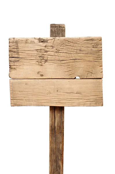 Velho poste de sinalização de madeira isolado no branco — Fotografia de Stock
