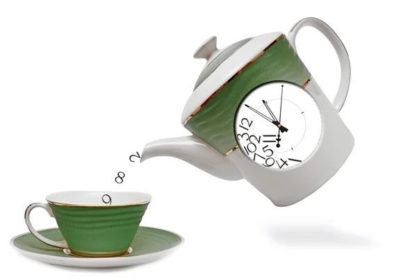 Bule de porcelana com relógio na frente. hora do chá — Fotografia de Stock