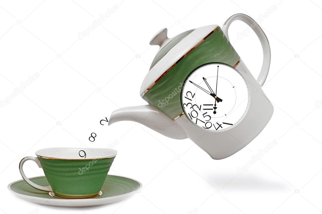 Porcelain teapot with clock on the front. tea time