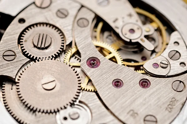 Ingranaggi e molla nel meccanismo di un orologio da tasca (pocketw — Foto Stock