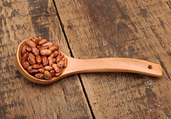 Beans in wooden spoon on wooden table — Stock Photo, Image