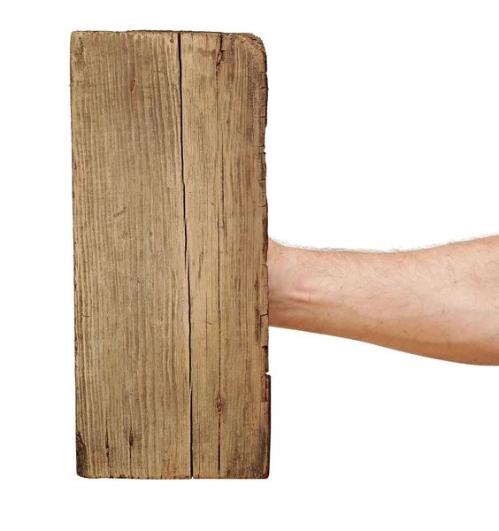 Placa de madeira sinal na mão isolar no branco — Fotografia de Stock