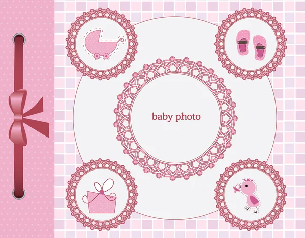 Bebek kız tebrik kartı. metin veya resim çerçevesi — Stok Vektör