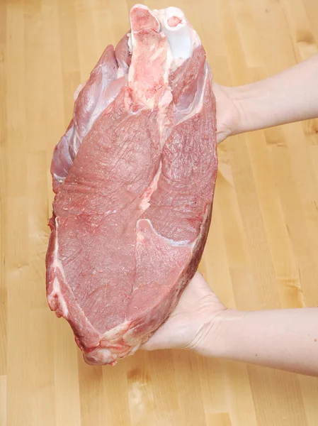 En bit kött i kvinnlig hand — Stockfoto