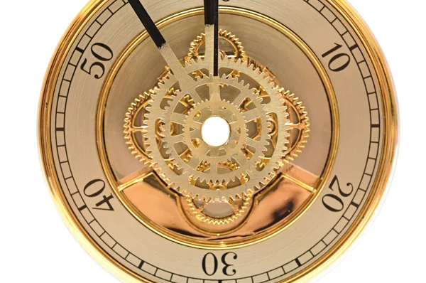 Closeup gouden klok met versnellingen — Stockfoto