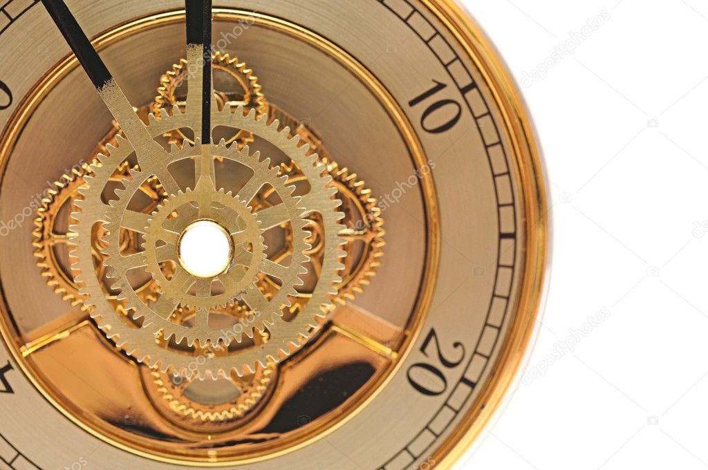Closeup golden clock with gears