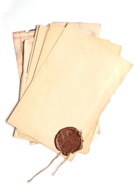 Pile old paper with a wax seal on a white background clipart