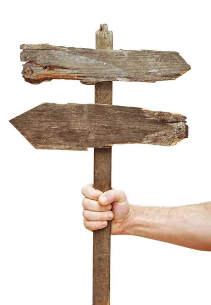 Old wooden signpost on hand isolate on white — Stock Photo, Image